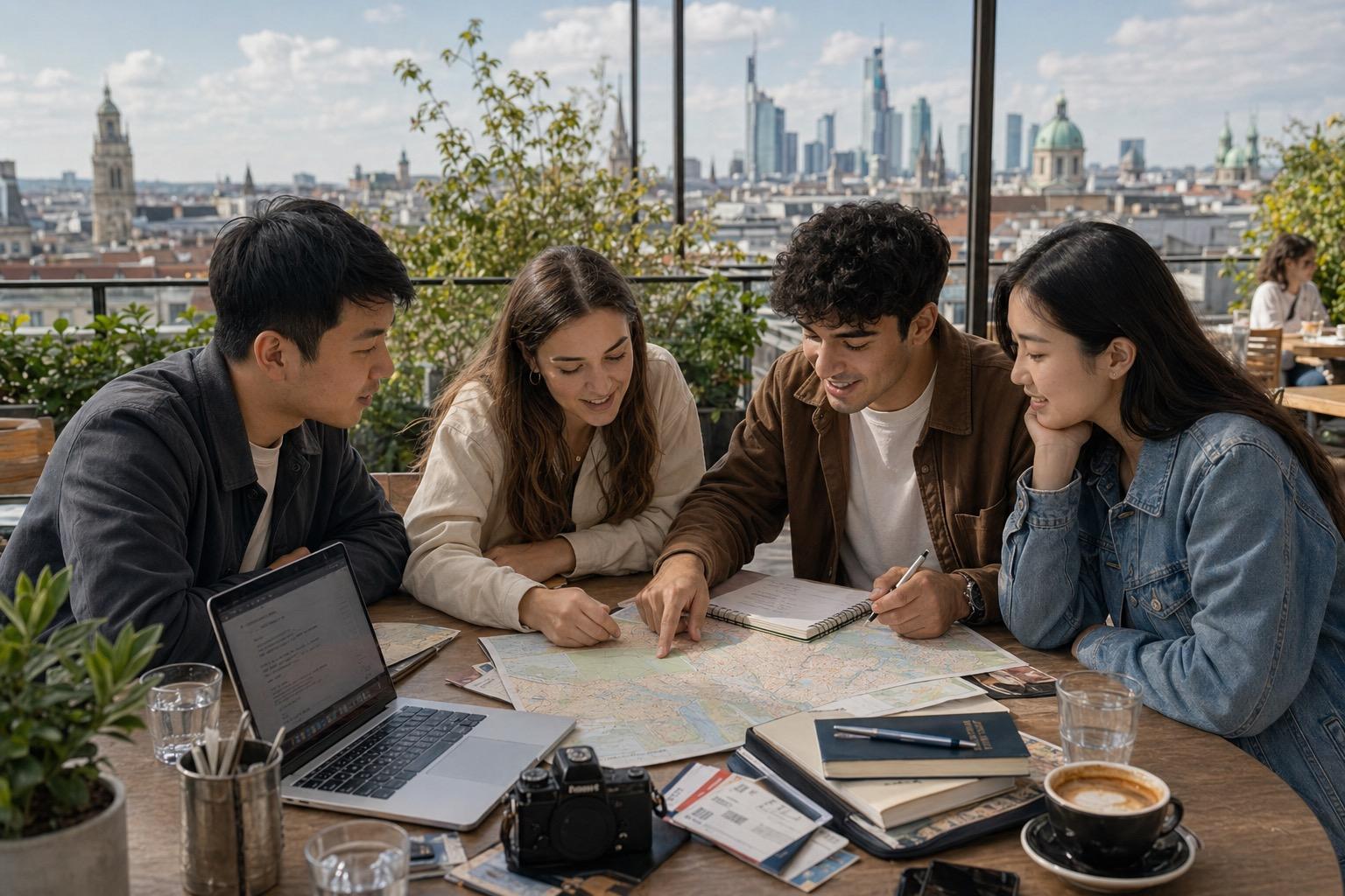 Jeunes adultes préparant un itinéraire multi-destinations et multilingue pendant un Gap Year