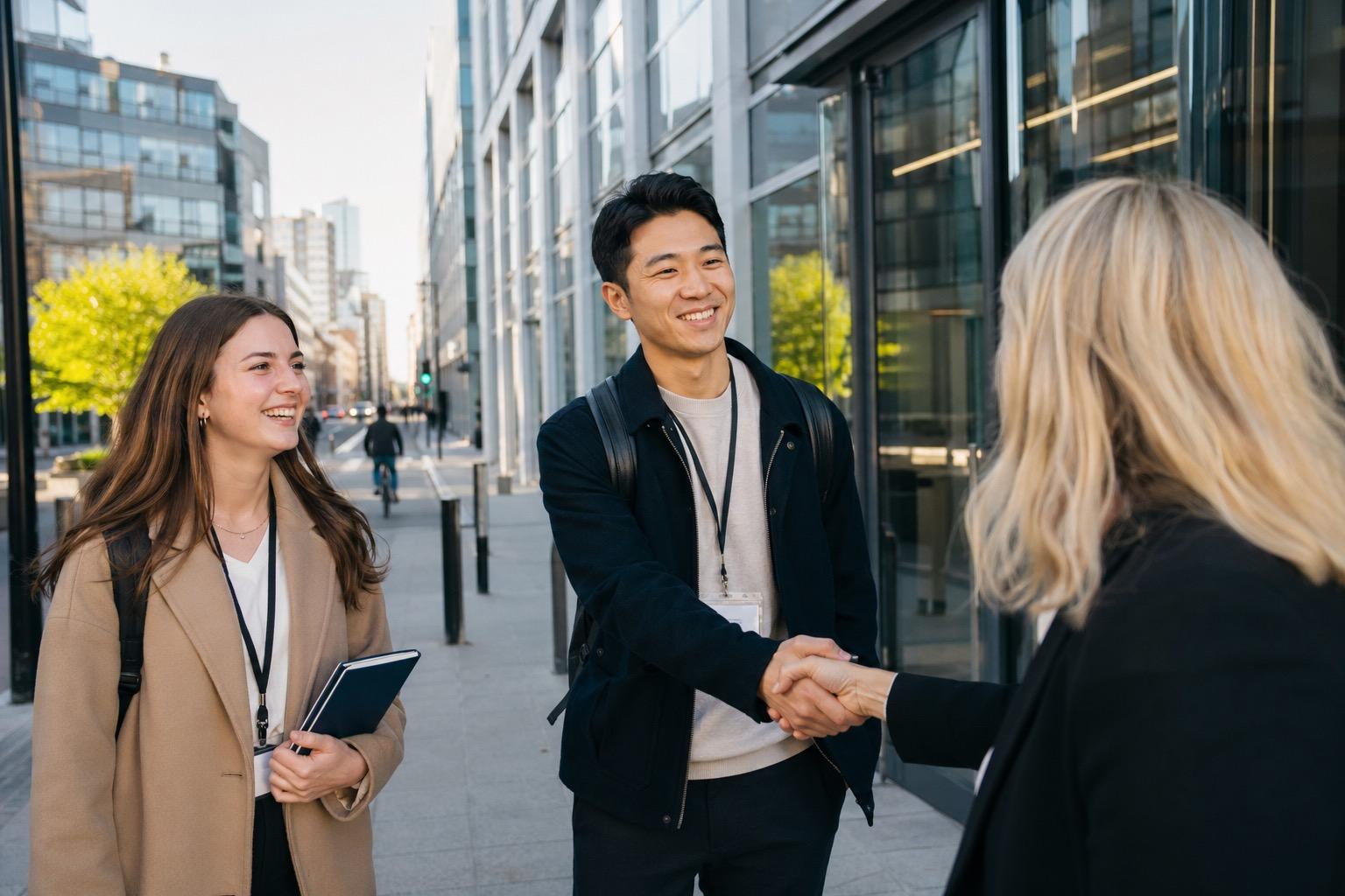 Étudiants internationaux accueillis dans un environnement professionnel pour un programme cours et stage