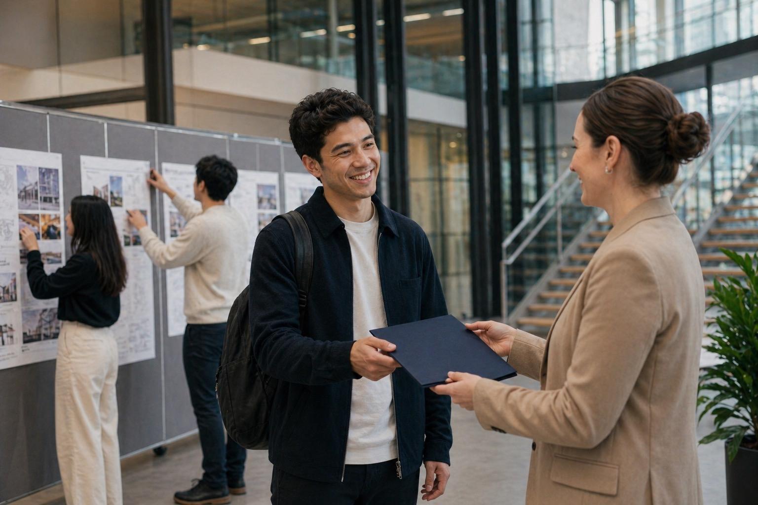 Étudiant recevant un dossier de certification dans un institut international