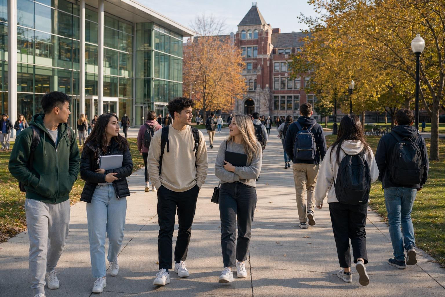 Étudiants internationaux sur un campus nord-américain pendant une immersion universitaire
